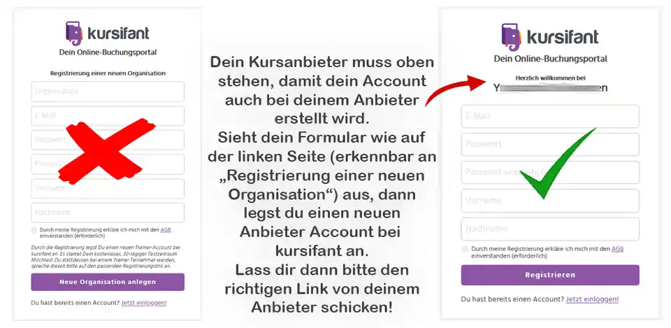 Registrierungsformular bei einem kursifant Kursanbieter