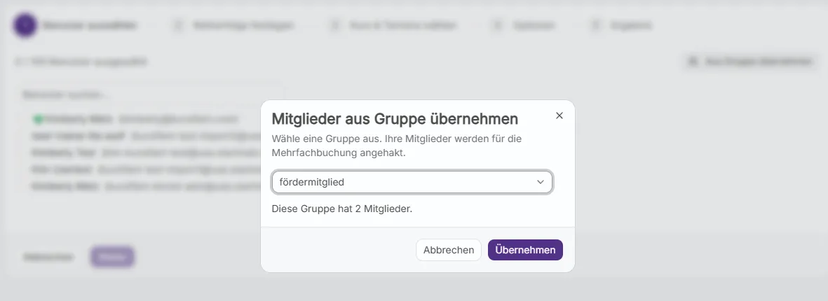 Dialog Mitglieder aus Gruppe übernehmen in der kursifant Mehrfachbuchung mit Gruppenauswahl