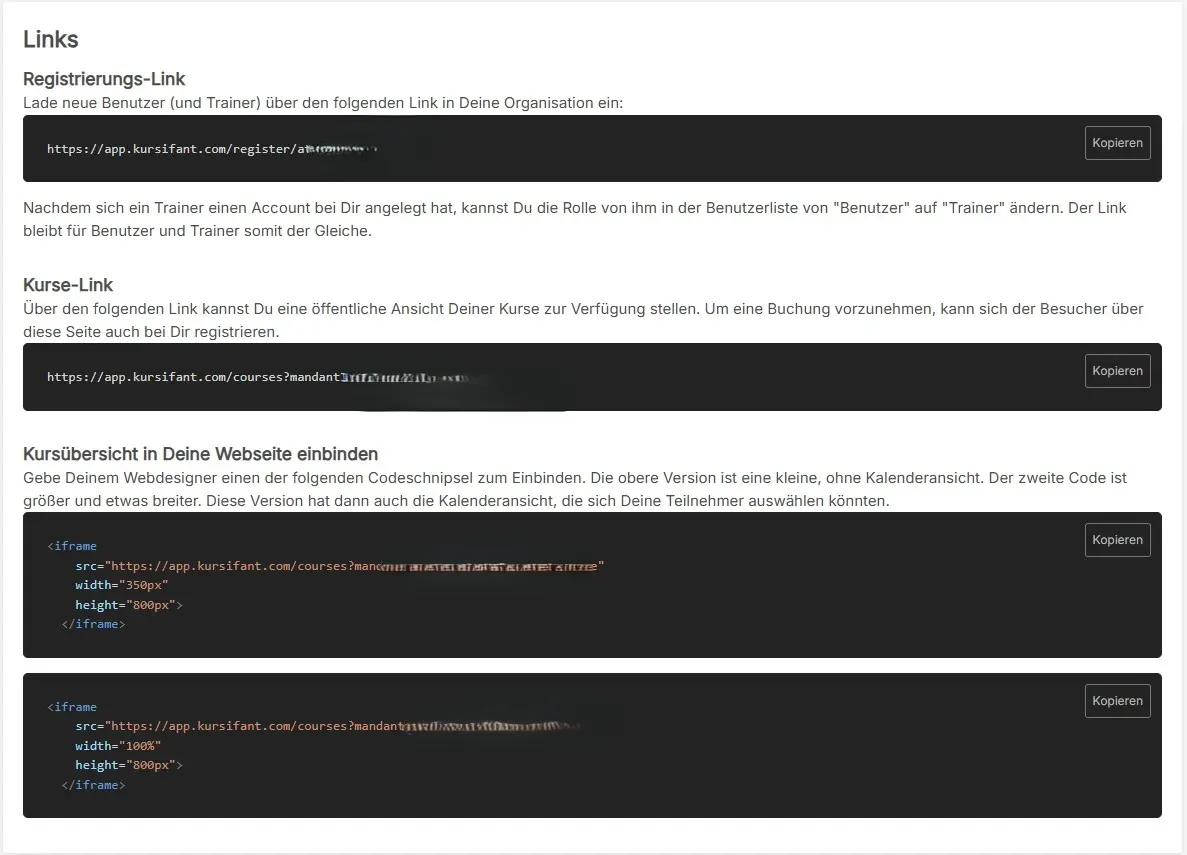Einladen-Bereich in kursifant: Registrierlink, Kurse-Link und Embed-Codes