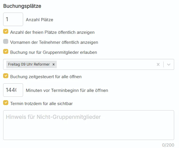 Einstellungen für feste Kursgruppen in kursifant: Buchung nur für Gruppenmitglieder erlauben