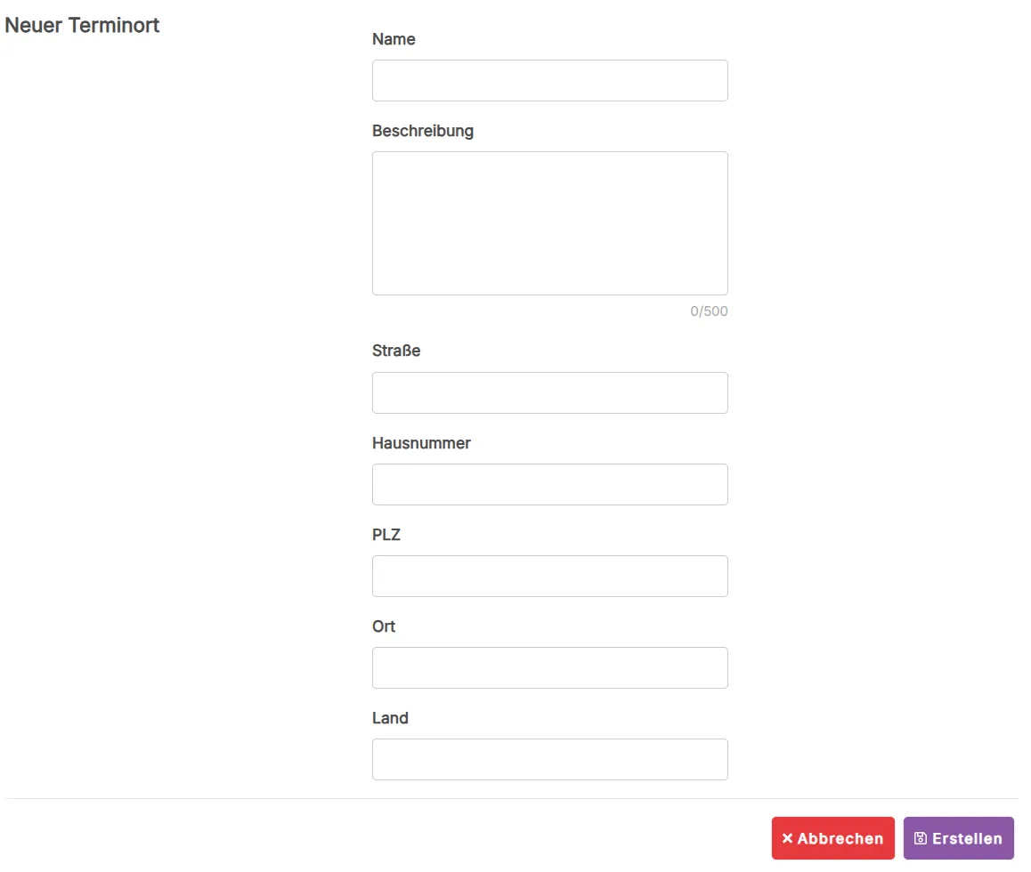 Formular zum Anlegen eines neuen Terminorts in kursifant: Name, Beschreibung, Straße, PLZ, Ort
