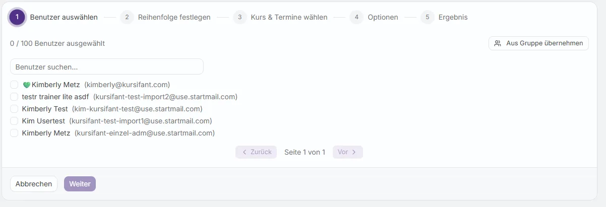 Mehrfachbuchung Schritt 1: Benutzer auswaehlen mit Button Aus Gruppe uebernehmen