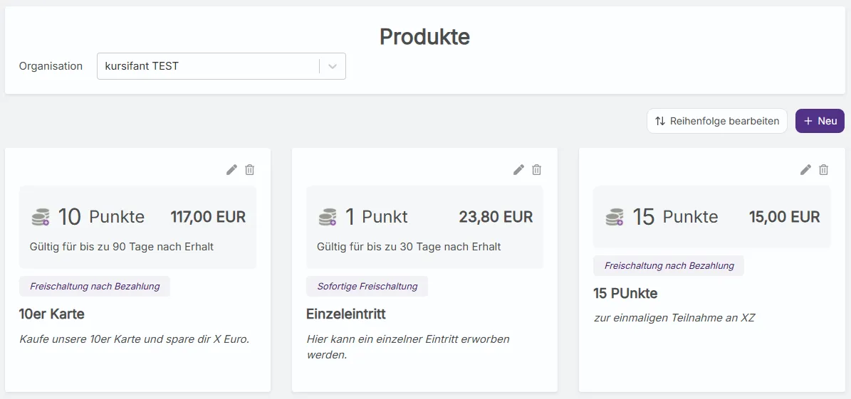 Produktübersicht in kursifant mit Button Reihenfolge bearbeiten und drei sortierbaren Produkten